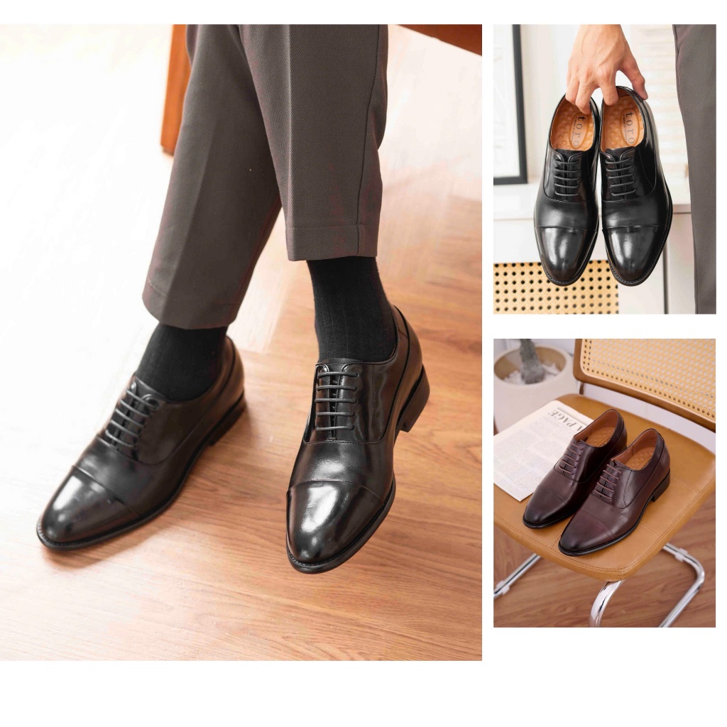 Giày Tây Cột dây Oxford Mix Da Bóng da bò nguyên tấm Toroshoes Mã M722 (2 Màu - 2 Phiên bản 2,5cm và 6cm)