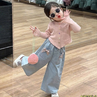 Đồ bộ bé gái, Set đồ bé gái, Đồ thu đông cho bé áo len lông thỏ hồng bèo phối quần bò mềm có nơ 10-30kg, Pam Kids