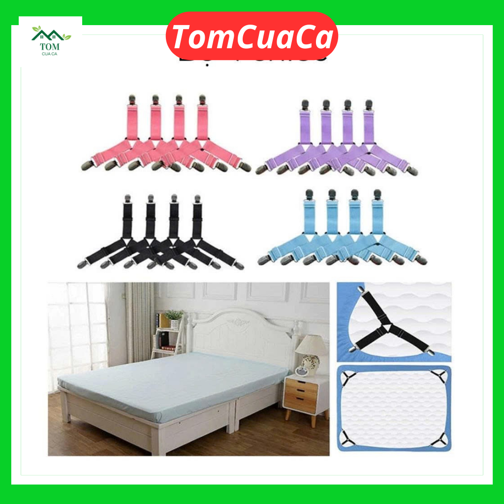Bộ 4 kẹp ga giường chống tuột, cố định ga nệm -dây kẹp đàn hồi tiện dụng