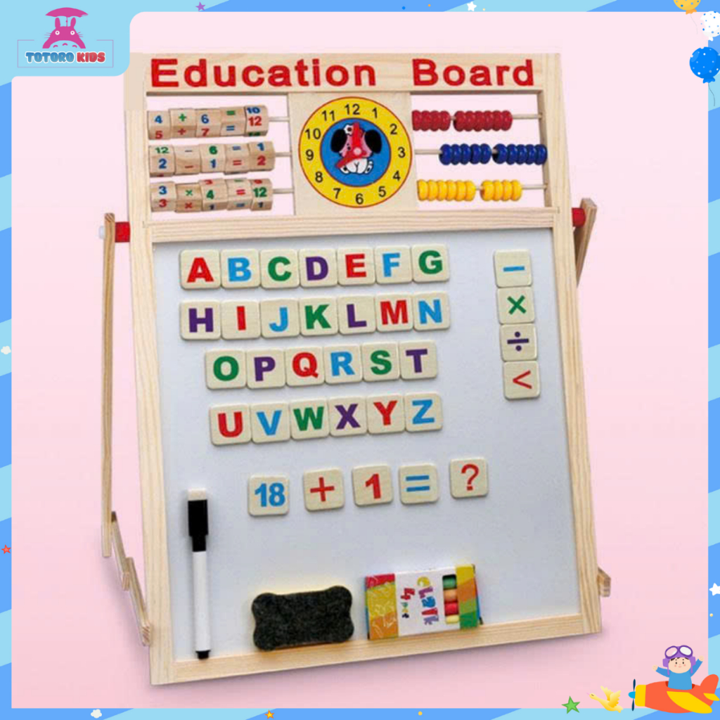 Bảng Gỗ 2 Mặt Education Board Cho Bé – Viết Bút Dạ Và Phấn, Kèm Chữ Số Nam Châm TOTOROKIDS