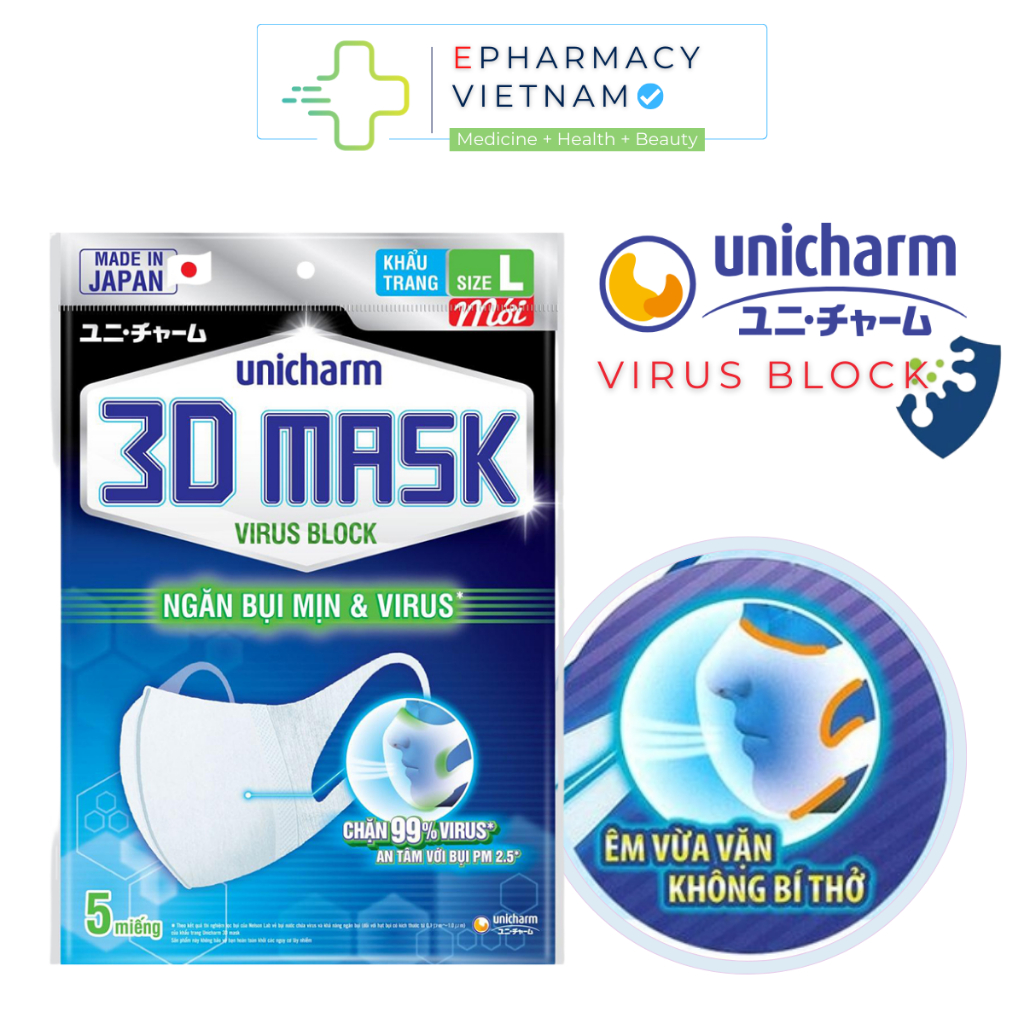 Khẩu Trang UNICHARM 3D Mask Virus Block Màng Lọc Đa Lớp Siêu Bảo Vệ Size M-L [5 Miếng/Gói]