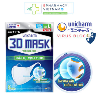  Khẩu Trang UNICHARM 3D Mask Virus Block Màng Lọc Đa Lớp Siêu Bảo Vệ Size M-L  5 Miếng Gói  