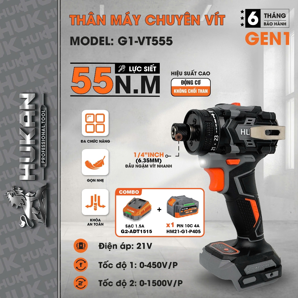 Máy chuyên vít trượt pin HUKAN G1-VT555, Đầu ngậm nhanh 6.35mm Không chổi than,  2 Tốc độ, 55Nm
