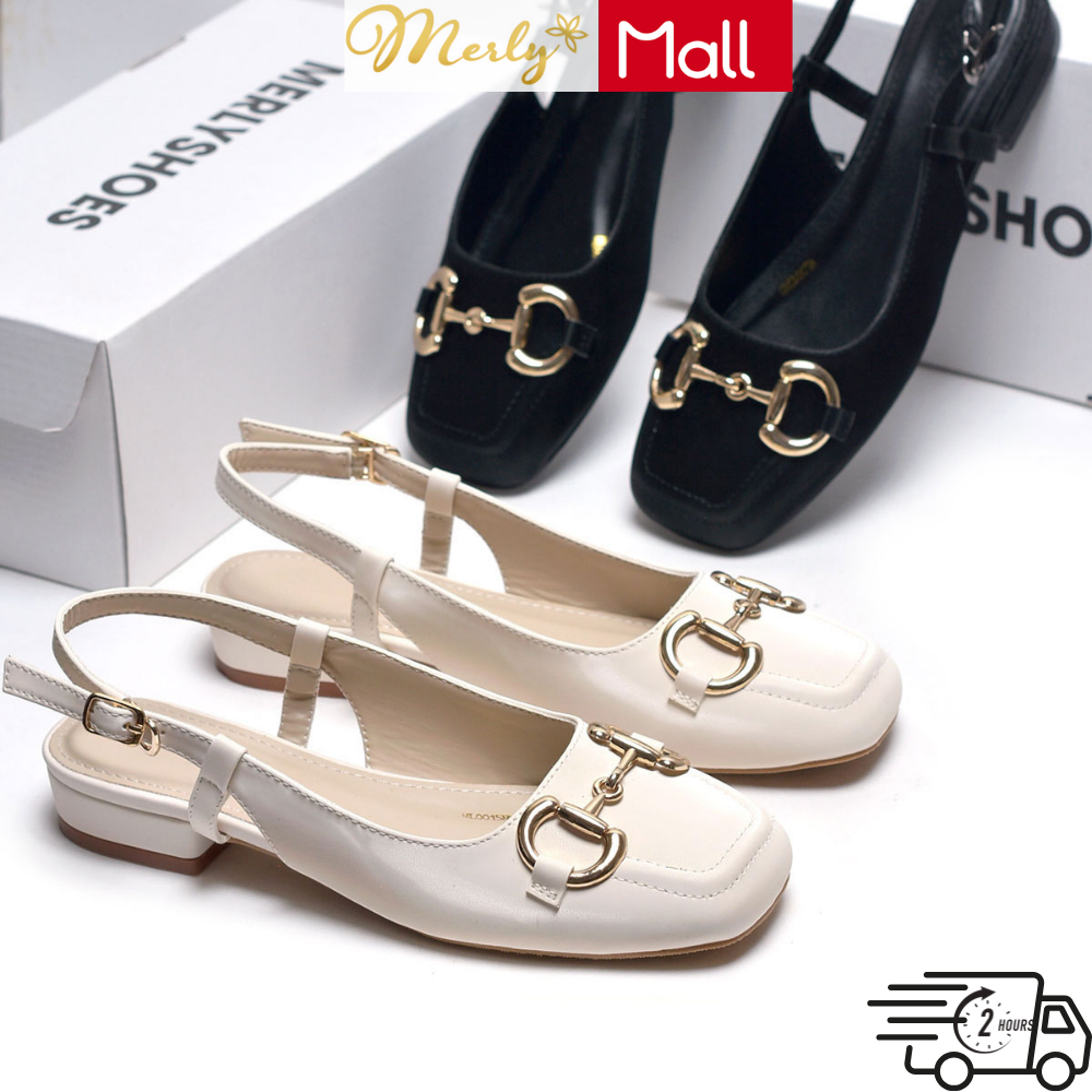 Giày Bít Mũi Hở Gót Merly 1585-2P Đế Vuông 2cm Êm Chân, Khóa GC Sang Trọng, Bigsize 35–43, Đen & Kem
