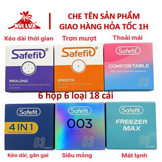  Combo 6 hộp bao cao su Safefit Kéo dài thời gian Mát lạnh Gân gai Nhiều gel Siêu mỏng - 18 cái 