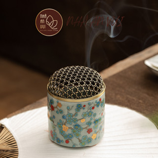  Lư xông trầm hương bằng gốm hoa cao cấp TẶNG ĐẾ GỖ D02 