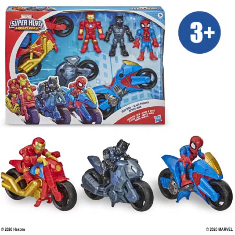 Set 3 xe kèm nhân vật Supper Hero & moto: Spider man, Iron man, Black Panther