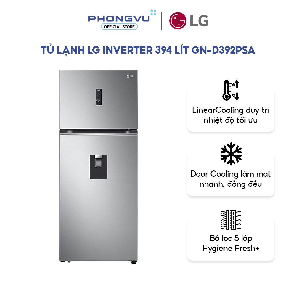 Tủ lạnh LG Inverter 394 lít GN-D392PSA - Ngăn đá trên, Ngăn lấy nước bên ngoài, Phù hợp gia đình 3-4