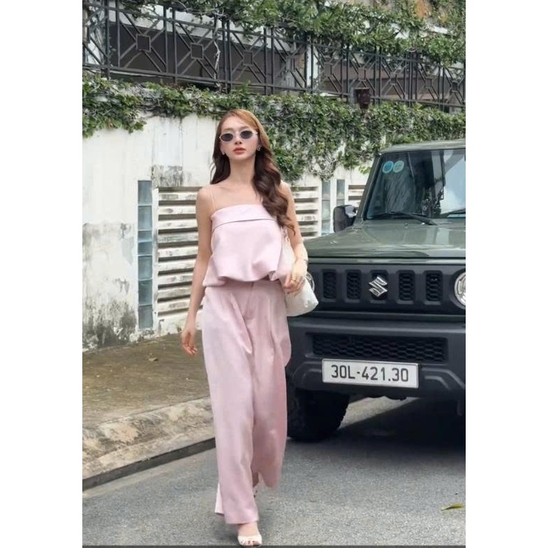Set 2 Món áo lụa quần ống rộng - Bubble Top with Back Bow & Wide Pants Set, thời trang thiết kế K Cl