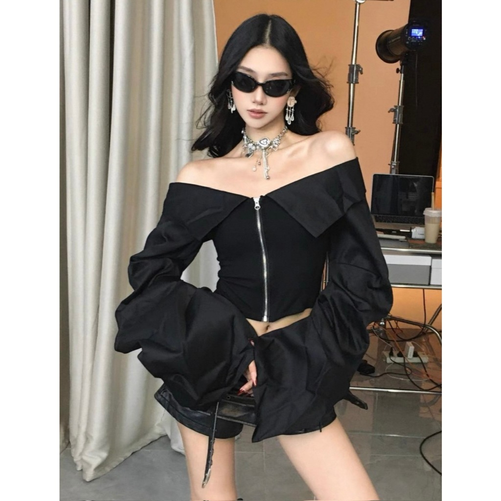 NA101 Áo croptop dài tay trễ vai đan dây ôm body tay loe bồng phong cách Gothic