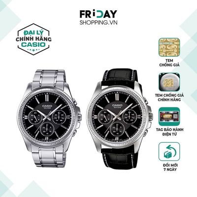 Đồng Hồ Nam Casio MTP-1375 Mặt Tròn Màu Đen Dây Da Và Dây Kim Loại Chính Hãng Chống Nước 5 ATM