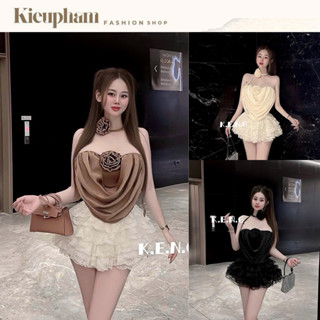   Tặng Hoa Đeo  Set Áo Quây Cúp Lụa “Draping” Đính Hoa Hồng + Chân Váy Ren Tầng Ngắn 