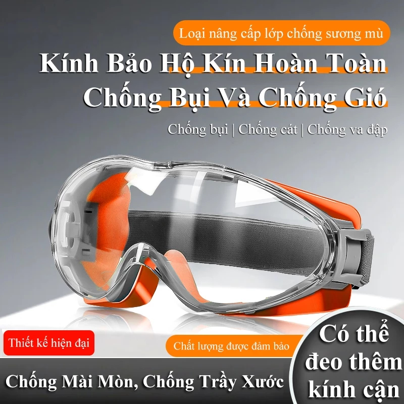 Kính bảo hộ đa năngVIEVA Kính cam/xám bảo vệ mắt chống hóa chất bụi dùng được cho người đeo kính cận