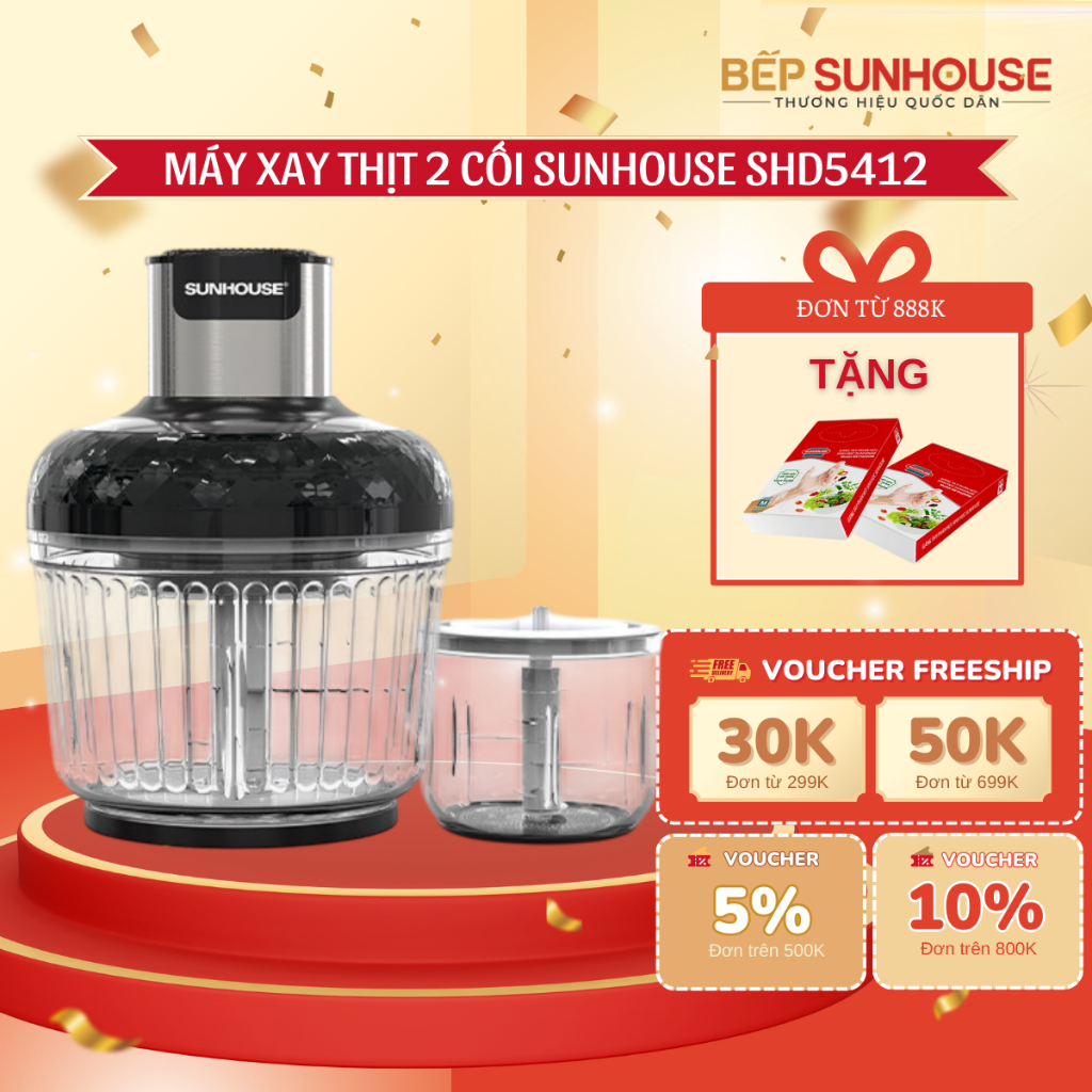 MÁY XAY THỊT 2 CỐI SUNHOUSE SHD5412 - Dung tích cối lớn 2L và cối nhỏ 0.3L, BH 12 tháng