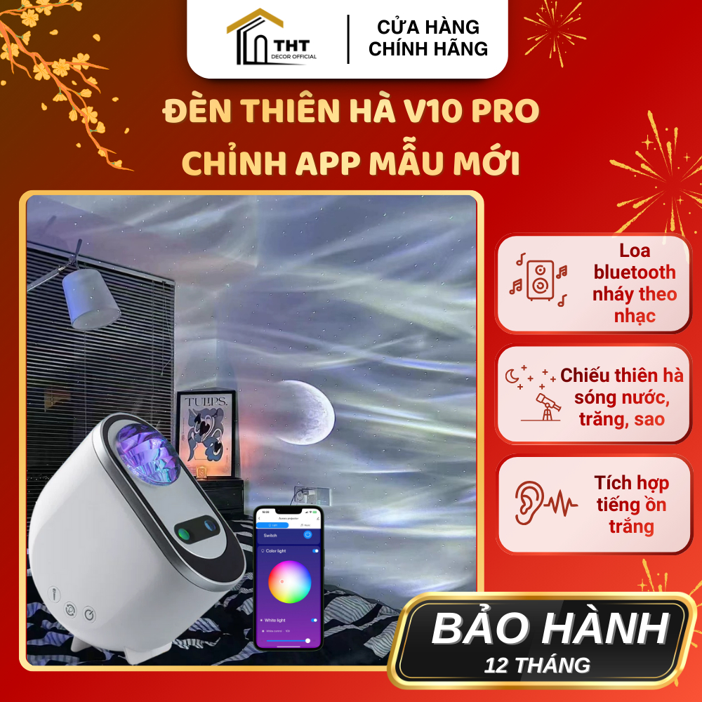 Đèn Thiên Hà V10 Pro Chỉnh App THT DECOR Mẫu Mới Đèn V10 Pro Chiếu Thiên Hà Sóng Nước Trăng Sao Điều