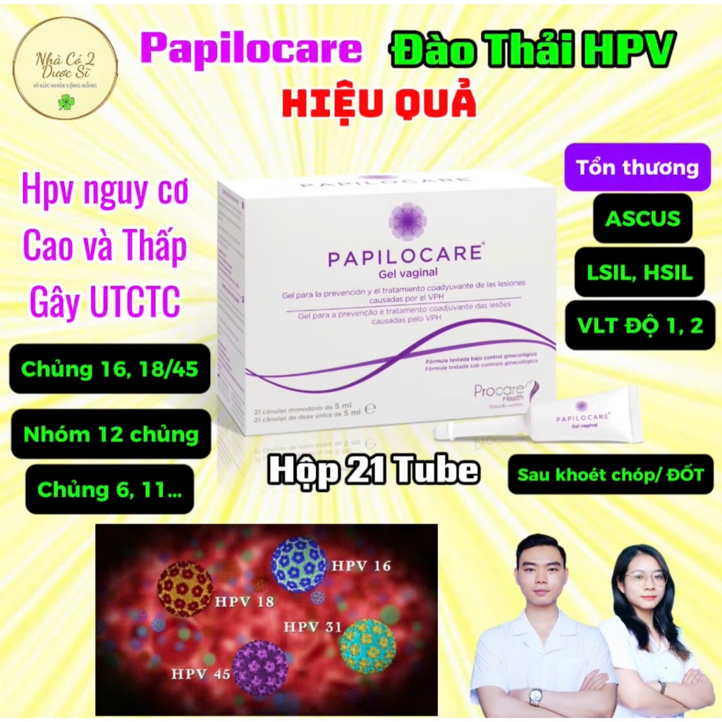 [Che Tên] Đào Thải HPV Papilocare 21 Tube Nhập Khẩu Chính Hãng - Bổ Sung Coriolus Versicolor, Beta-g
