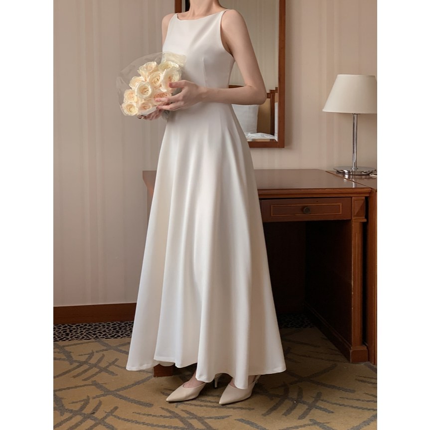 [CÓ SẴN]d41|Đầm dài kiểu Hàn Quốc tối giản, cổ tròn, eo ôm, màu trơn, không tay, dáng vest, thoải má