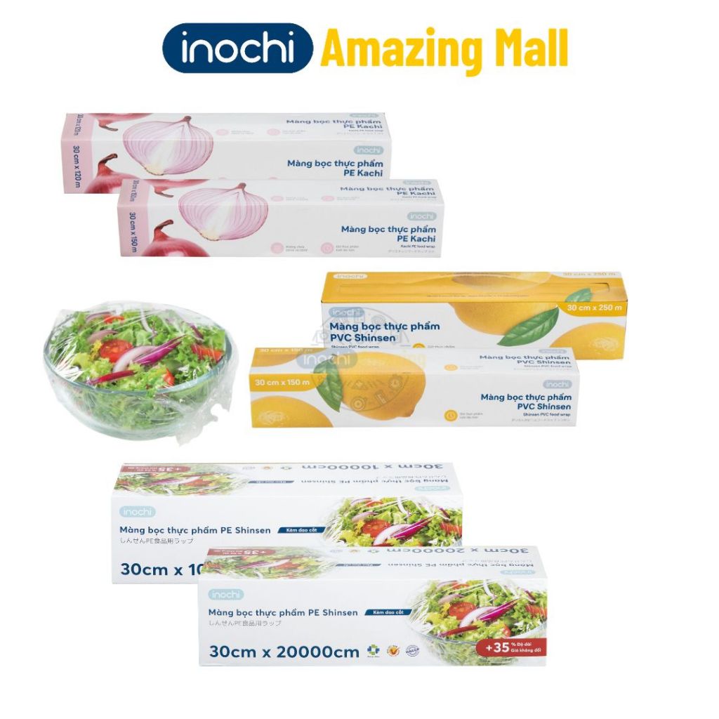 Màng bọc thực phẩm Inochi Shinsen , Kachi chất liệu PE và PVC dẻo dai co giãn tốt hợp vệ sinh Amazin