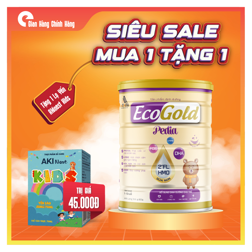 Sữa dinh dưỡng EcoGold Pedia 800g – HMO 2’FL – DHA – Lysine – FOS – Sữa non – Cho bé 1–10 tuổi – Tặn