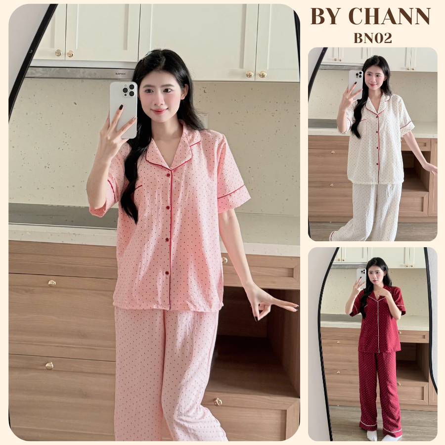 Bộ Đồ Ngủ Pyjama BY CHANN (BN02) họa tiết chấm bi áo cộc quần dài chất liệu đũi mềm có bigsize đến 8