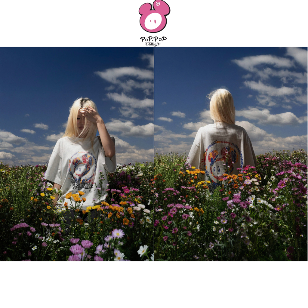 𝐏𝐎𝐏𝐏𝐎𝐏 𝐇𝐈𝐇𝐈 | ÁO THUN POPPOP MASCOT CRAYON FLOWER / XÁM