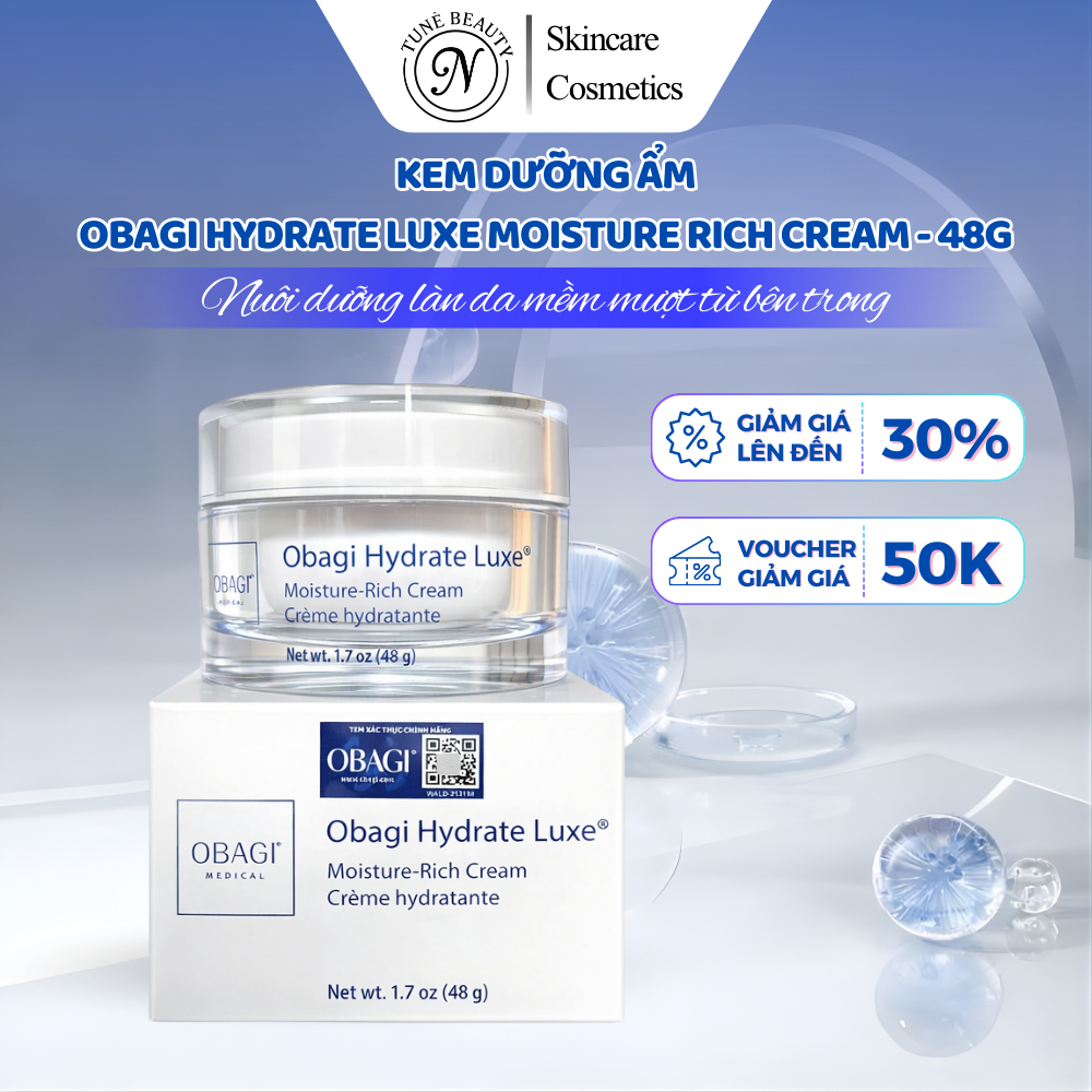 Kem Dưỡng Ẩm Obagi Hydrate Luxe Moisture-Rich Cream - Chăm Sóc Da Hàng Đầu Mỹ, Dưỡng Ẩm Suốt 8h Cho 