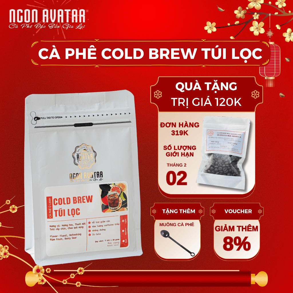 Cà Phê Ủ Lạnh Cold Brew Túi Lọc Arabica Cầu Đất Thơm, Cafe Tiện Lợi