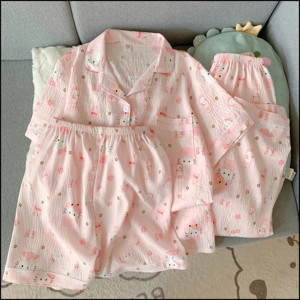 Đồ ngủ nữ pijama mặc nhà quần đùi họa tiết hoạt hình dễ thương chất vải Kate thô