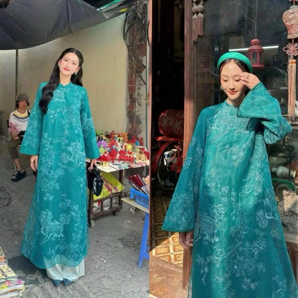 (ko quần, có tặng quần) Pass mới full tag Thanh lý áo dài 4 tà thêu voan Twins store thanh lí áo dài