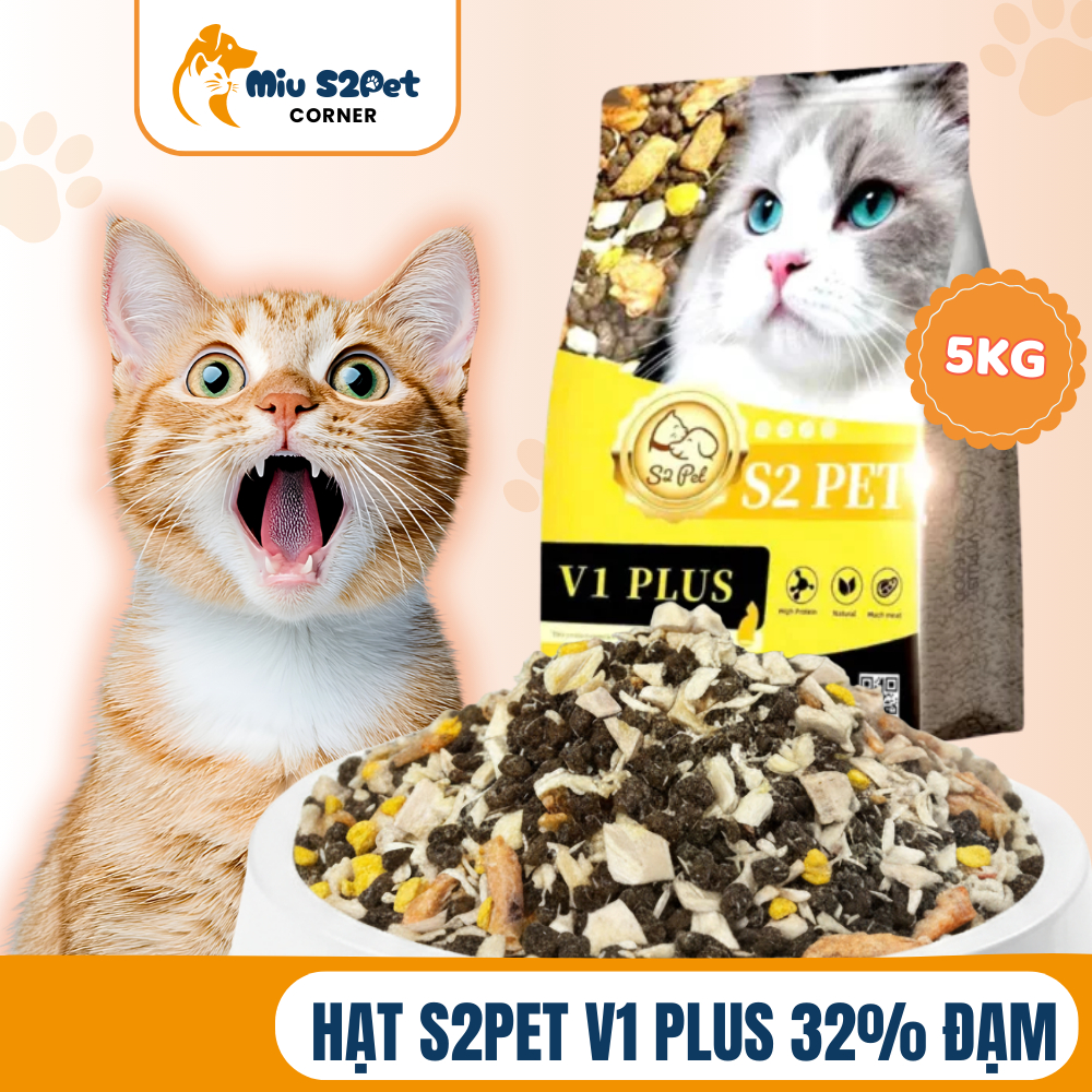 [TÚI 5KG] Hạt Cho Mèo S2Pet V1 Plus Siêu Topping – Đạm 32%, Hạt Mềm Dễ Nhai, Mượt Lông, Phù Hợp Mọi Lứa Tuổi