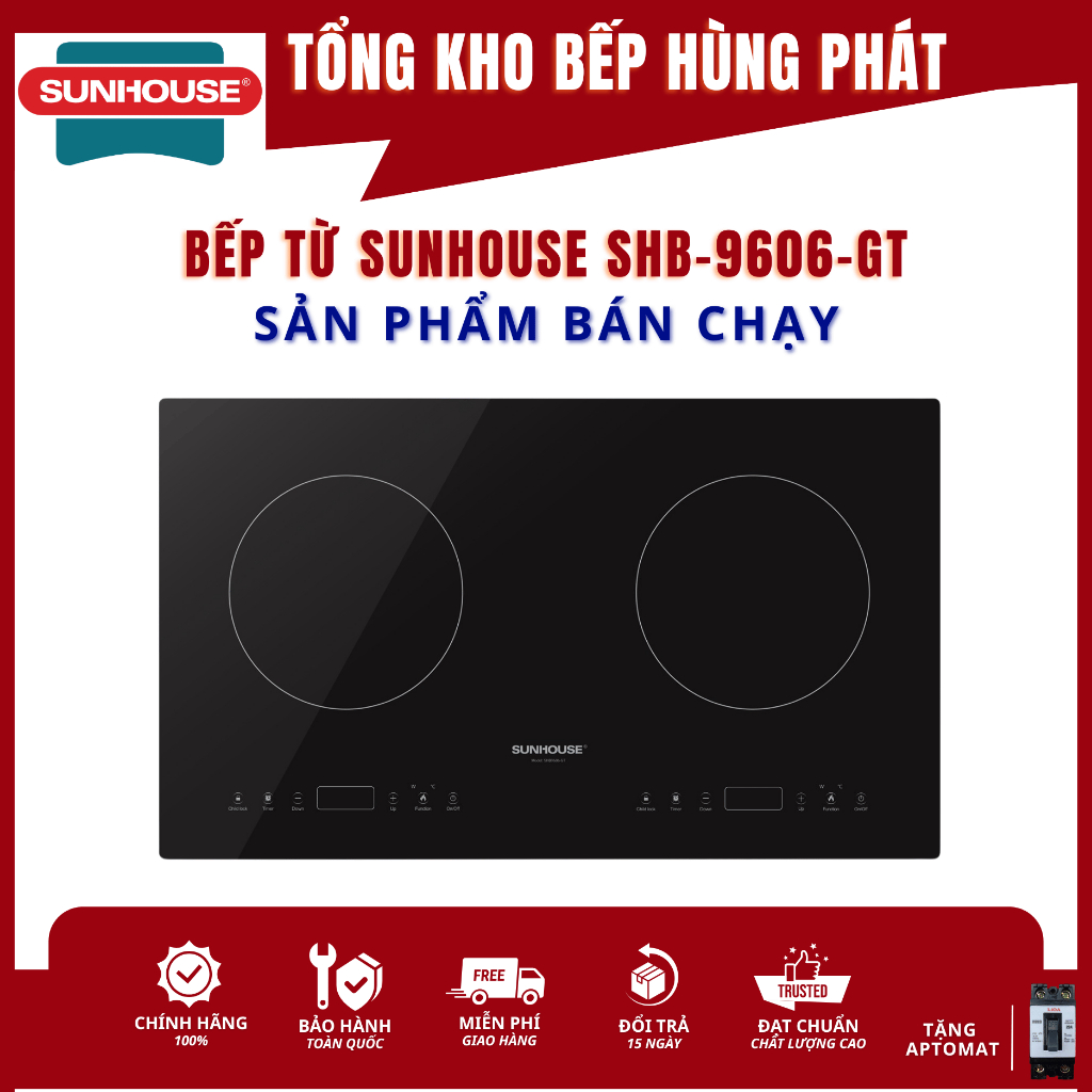 Bếp Từ Đôi SUNHOUSE SHB 9606-GT (2026) thay thế DI02, Công suất cao tổng 4000W, Bảo Hành 36 Tháng