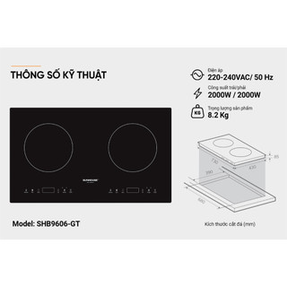 Bếp Từ Đôi SUNHOUSE SHB 9606-GT (2026) thay thế DI02, Công suất cao tổng 4000W, Bảo Hành 36 Tháng