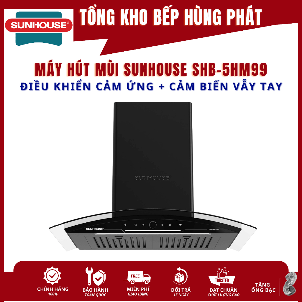 [top 1] máy hút mùi kính cong sunhouse shb-5hm99 new 2026, điều khiển cảm ứng + cảm biến vẫy tay