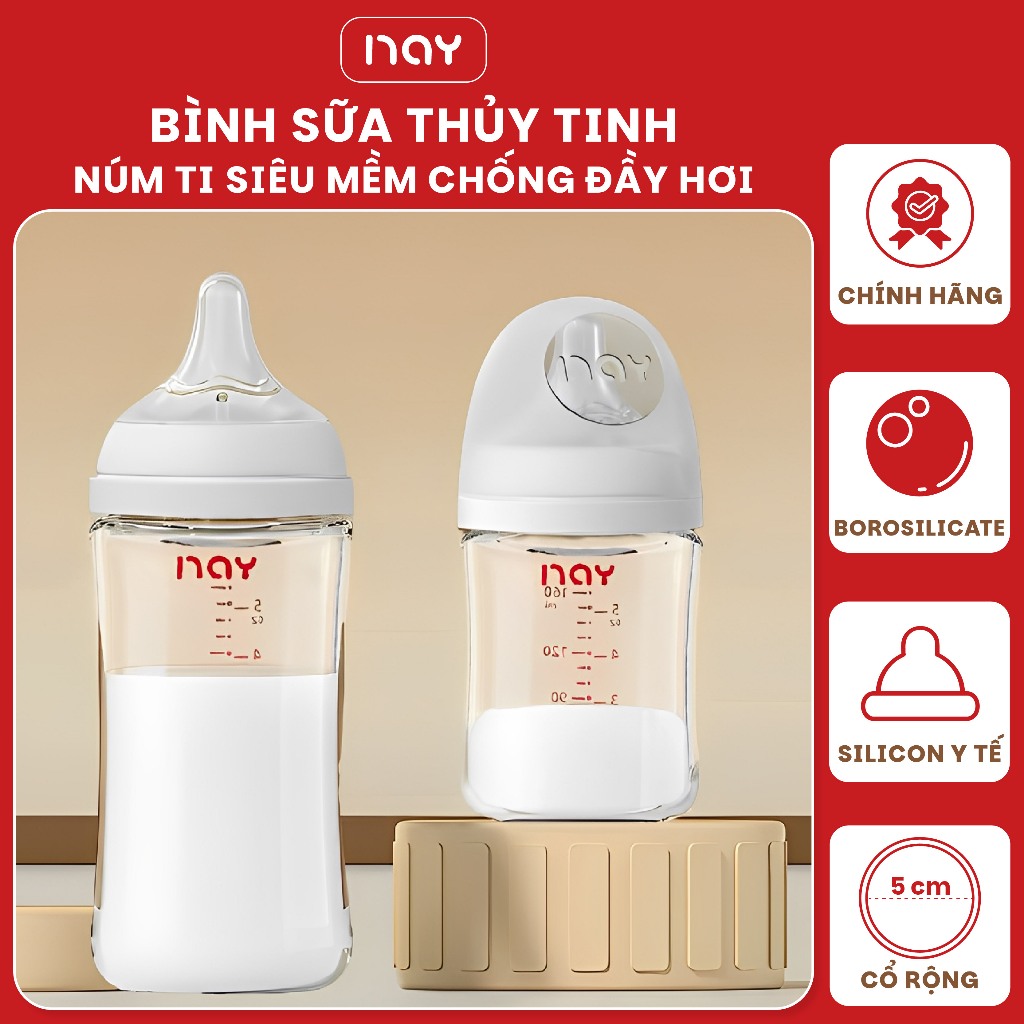 Bình sữa thủy tinh, bình sữa cho bé sơ sinh NAY cổ rộng núm ti siêu mềm chống đầy hơi hỗ trợ hệ tiêu hóa cho bé