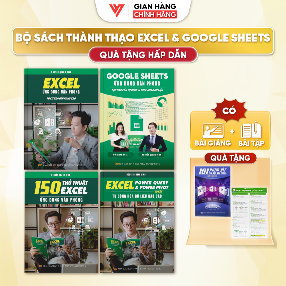 Combo 4 Sách Excel - Google Sheets - 150 Thủ thuật - Power Query & Pivot Có Bài Giảng Và Bài Tập