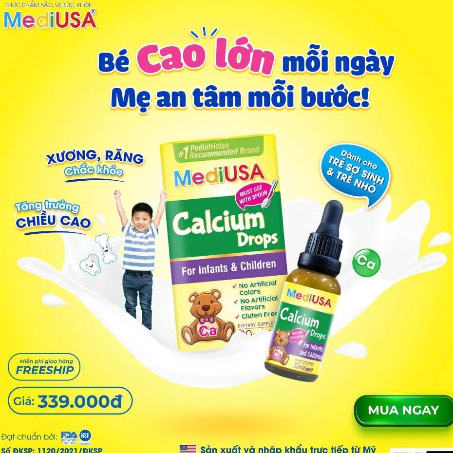 MediUSA Calcium Drops ( 30ml)  - Bổ sung canxi giúp xương, răng trẻ chắc khỏe