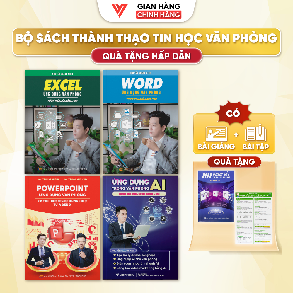 Combo 4 Sách Excel - Word - PowerPoint - AI Ứng Dụng Văn Phòng