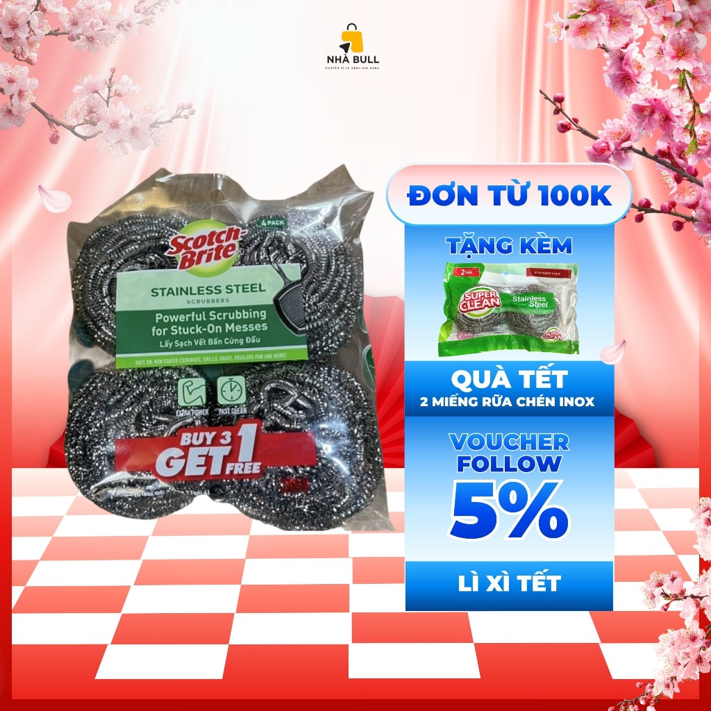 Cước rửa chén inox Scotch-Brite 3M – Cọ rửa siêu sạch, không gãy vụn, bền gấp 3 lần – Gói 2 miếng / 4 miếng