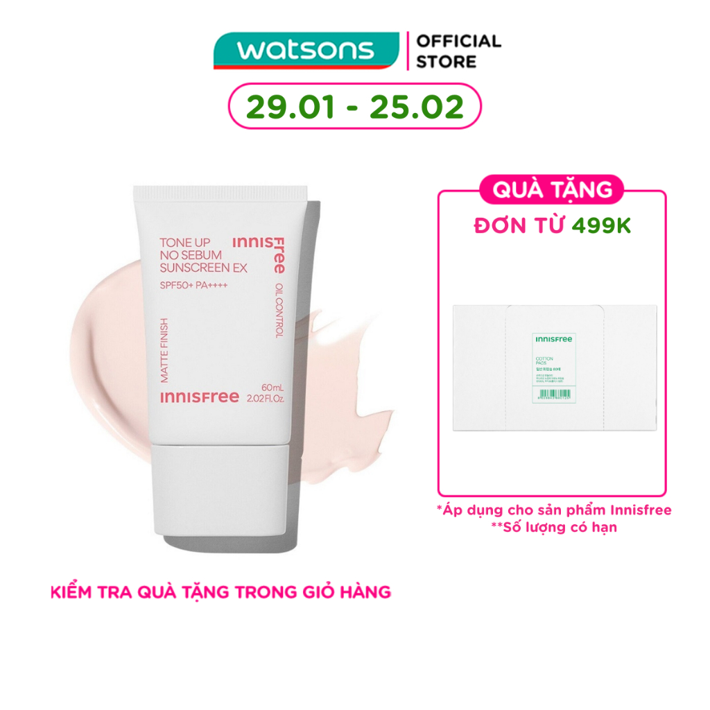 Kem Chống Nắng Innisfree Tone Up No Sebum Sunscreen EX SPF 50+ PA++++ 60ml