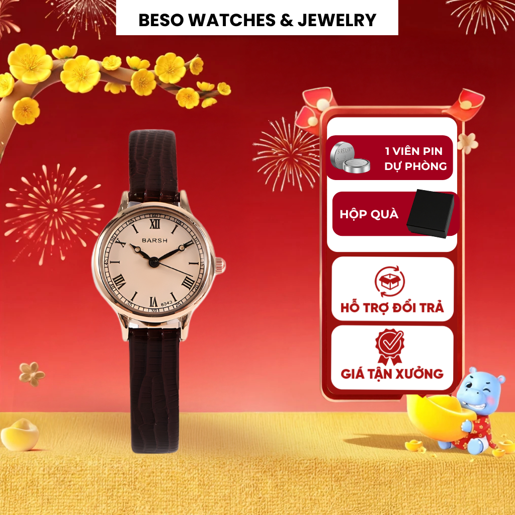 [Xả kho] Đồng hồ nữ tay nhỏ dây da BARSH Beso Watch phong cách vintage mặt nhỏ sang chảnh