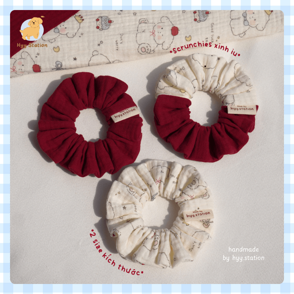 Scrunchies Dây Buộc Tóc Vải Xô Muslin Mềm Mại Họa Tiết Cún Yêu Màu Đỏ Handmade by Hyy Station