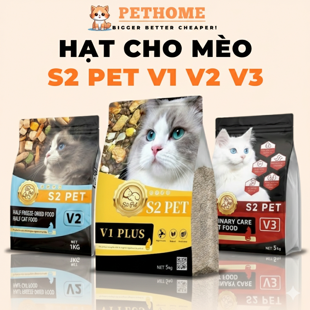 [Bao 5kg] Hạt Cho Mèo S2Pet V1 V2 V3, Đạm 32%, Siêu Topping, Hỗ Trợ Tăng Cân, Tiết Niệu Và Tiêu Hoá