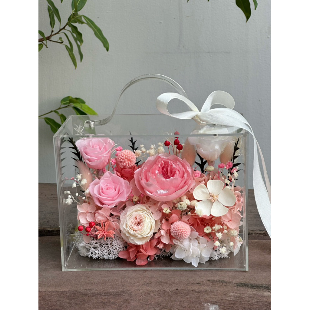 Hộp mica hoa khô, hoa hồng bất tử kích thước 20x15x10cm