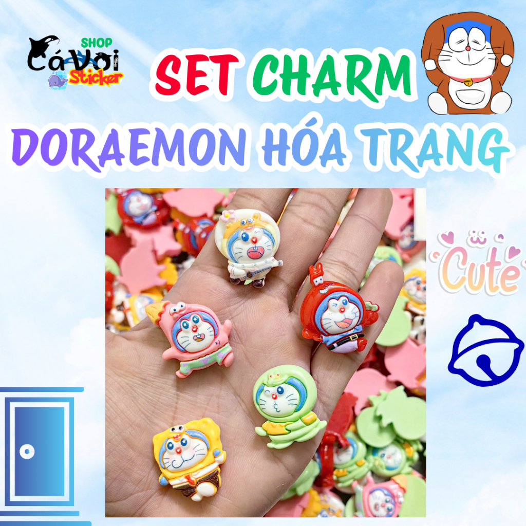 Set Charm Doraemon Hóa Trang Baby Cute – Doraemon Đội Mũ, Cosplay Màu Sắc, Charm Gắn Dép DIY Dễ Thươ