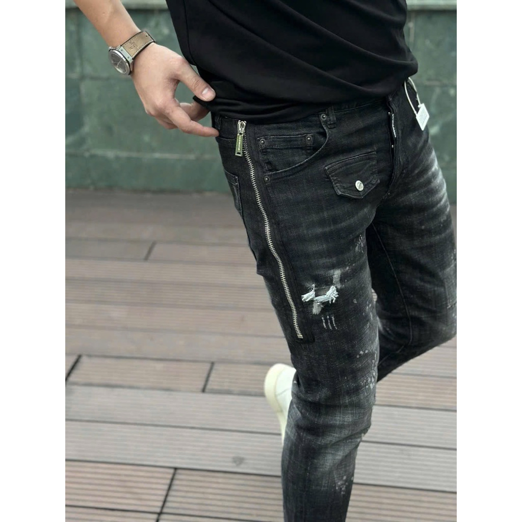 Quần Jean Nam Mã D2-25 Mẫu Khoá Sườn Wash Rách Vảy Sơn, Nắp Túi Đùi From Ống Côn Dsq2