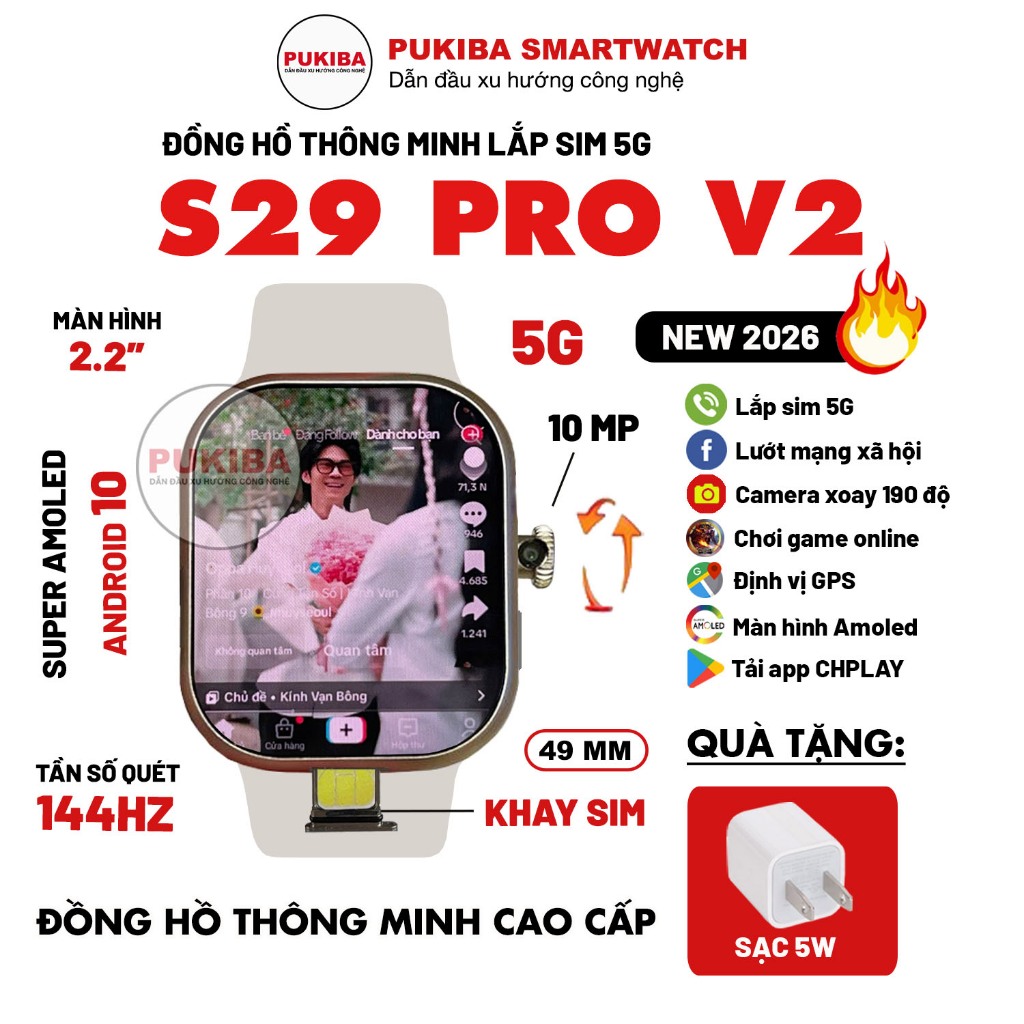 Đồng Hồ S29 Pro V2 2026 Lắp Sim 5G, 2.2" 144hz, Wifi, Lướt MXH TT,FB,ZL, Android 10, Tải App CHplay