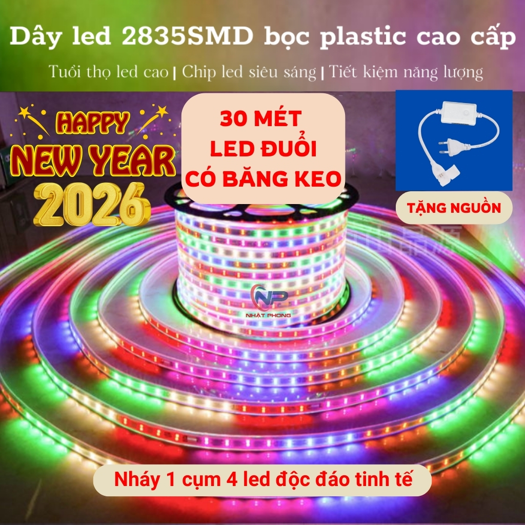 30Mdây đèn led trang trí nháy đuổi bọc pvc chống nước có băng keo dán 5M,10M,15M,20M,25M tặng nguồn,