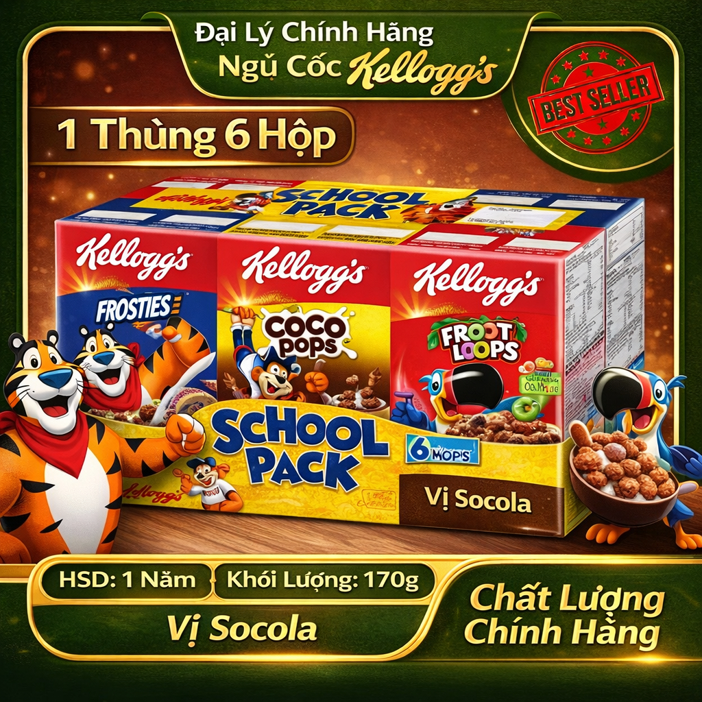 [Best Seller] Thùng 6 hộp ngũ cốc Kellogg’s 6 vị khác nhau dòn ngon dinh dưỡng ăn cùng sữa sữa chua