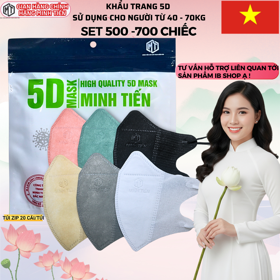 Khẩu Trang 5D Thùng 700 Chiếc (Tặng 20 cái) & 500 Cái (Tặng 10 cái) MINH TIẾN 3 Lớp Che Mặt Ngăn Bụi