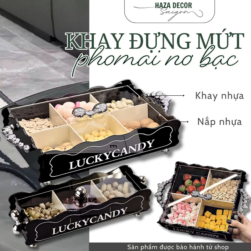 (SẴN) Bộ khay đựng mứt tết Phomai đen nơ bạc có nắp HÀNG DÀY DẶN LOẠI 1, khay mứt nhựa decor PM5